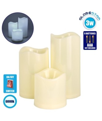 GloboStar® S-79551 ΣΕΤ 3 Διακοσμητικών Realistic Κεριών με LED - Μπαταρίας Ψυχρό Λευκό 6000K